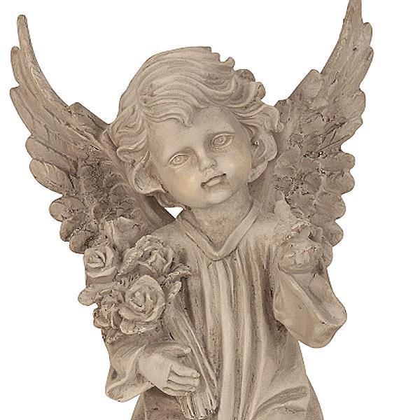 Engelfigur mit Vogel in der Hand und Blumen, Engel kniend, Höhe 28 cm