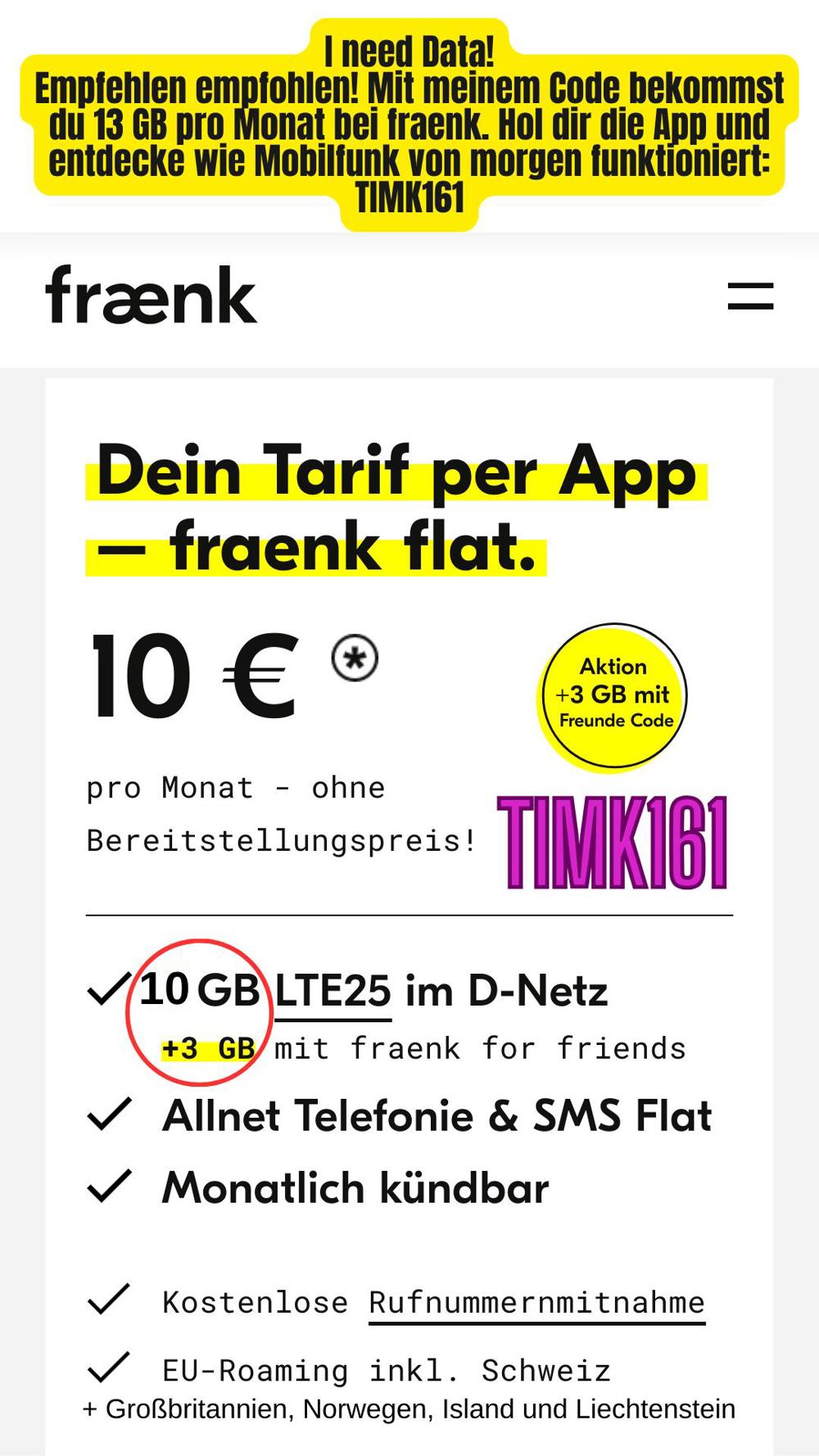  Fraenk for friends (D-Netz) 13GB für 10 Euro SIM Mobilfunk