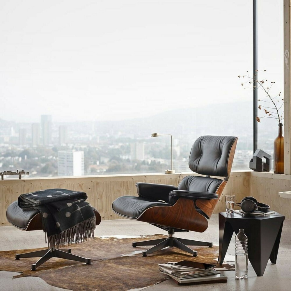 Lounge Chair XL + Ottomane Santos Palisander Leder schwarz