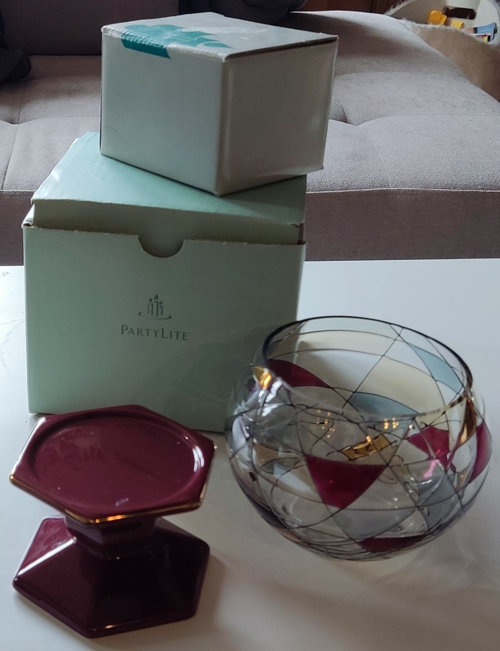 PartyLite Set Kerzenhalter Maulbeerfarben+Teelichtglas Mosaik Neu