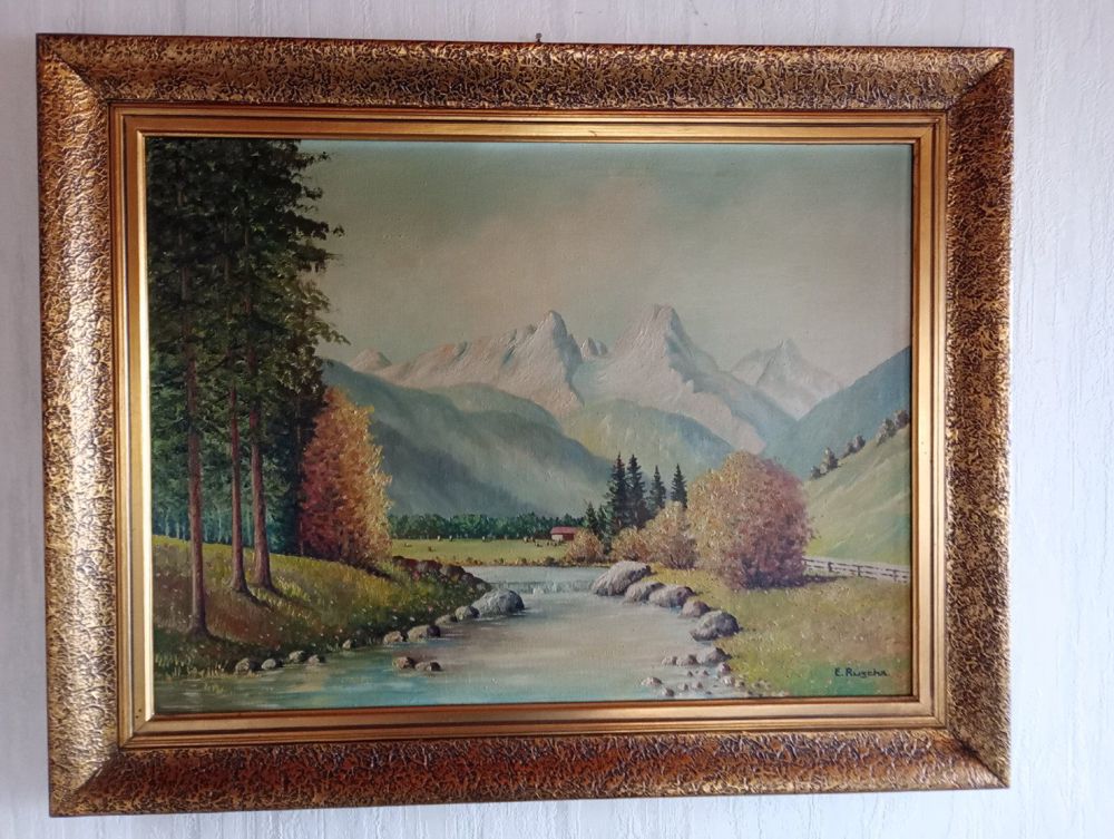 Sehr schönes Ölbild Ölgemälde Schöne Berglandschaft mit Bach von E.Ruscha 73 x 59 cm