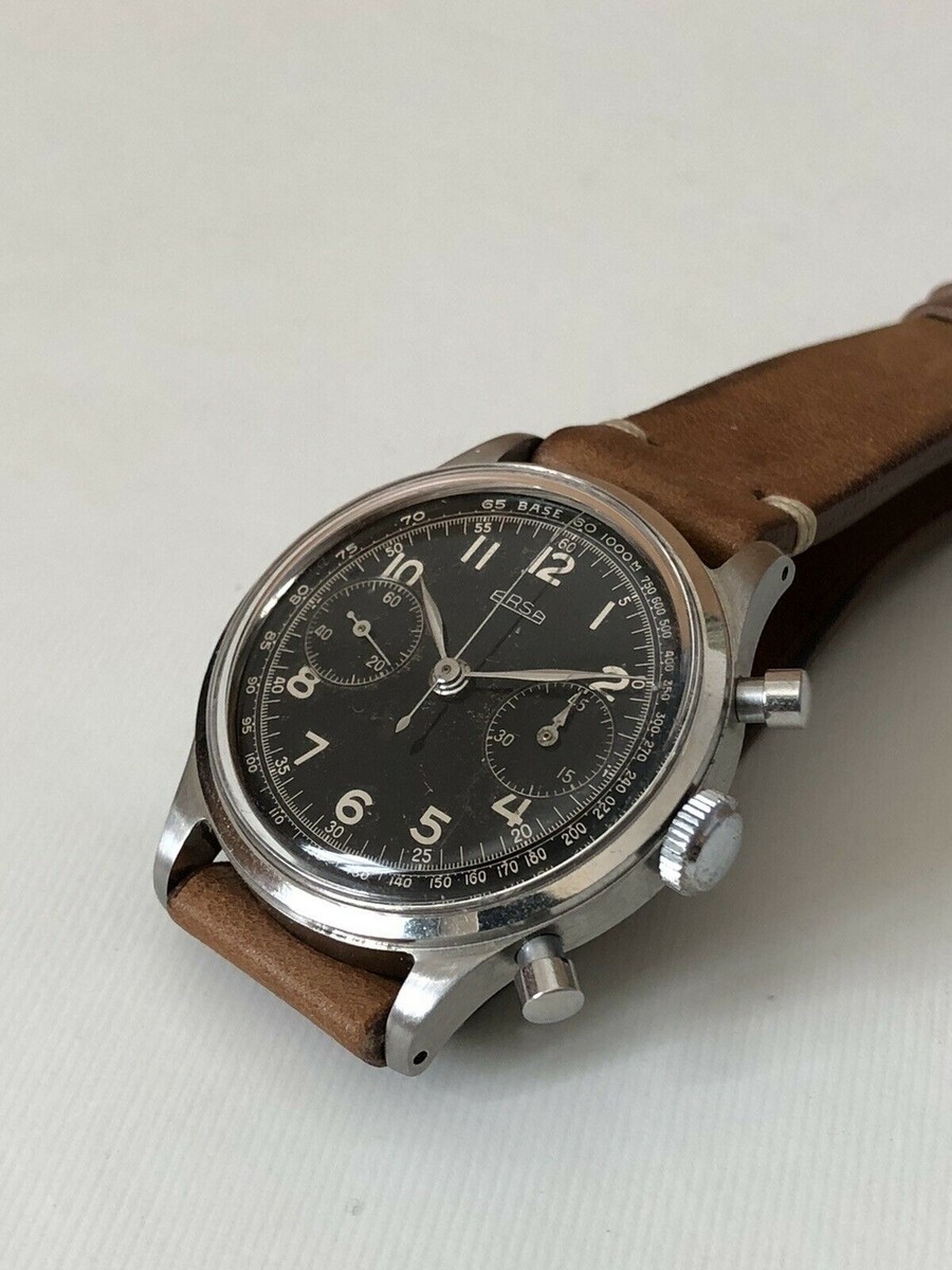 vintage big arsa steel chronograph schaltrad valjoux 22 black dial 50er 38mm