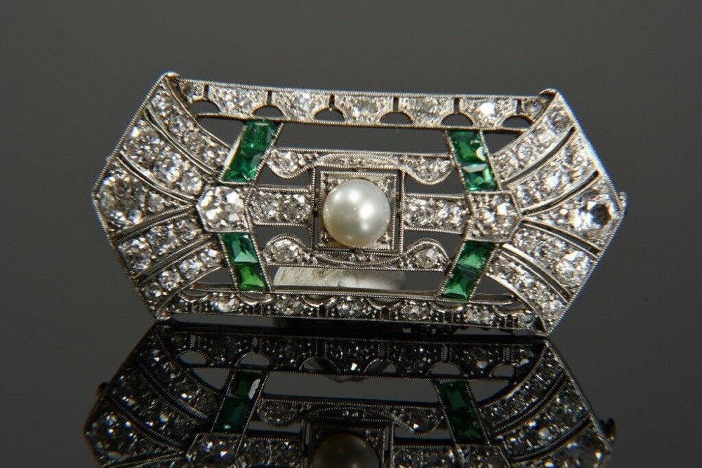 14kt Weißgold Art Deco Brosche m. Diamanten zus. ca. 3,20ct