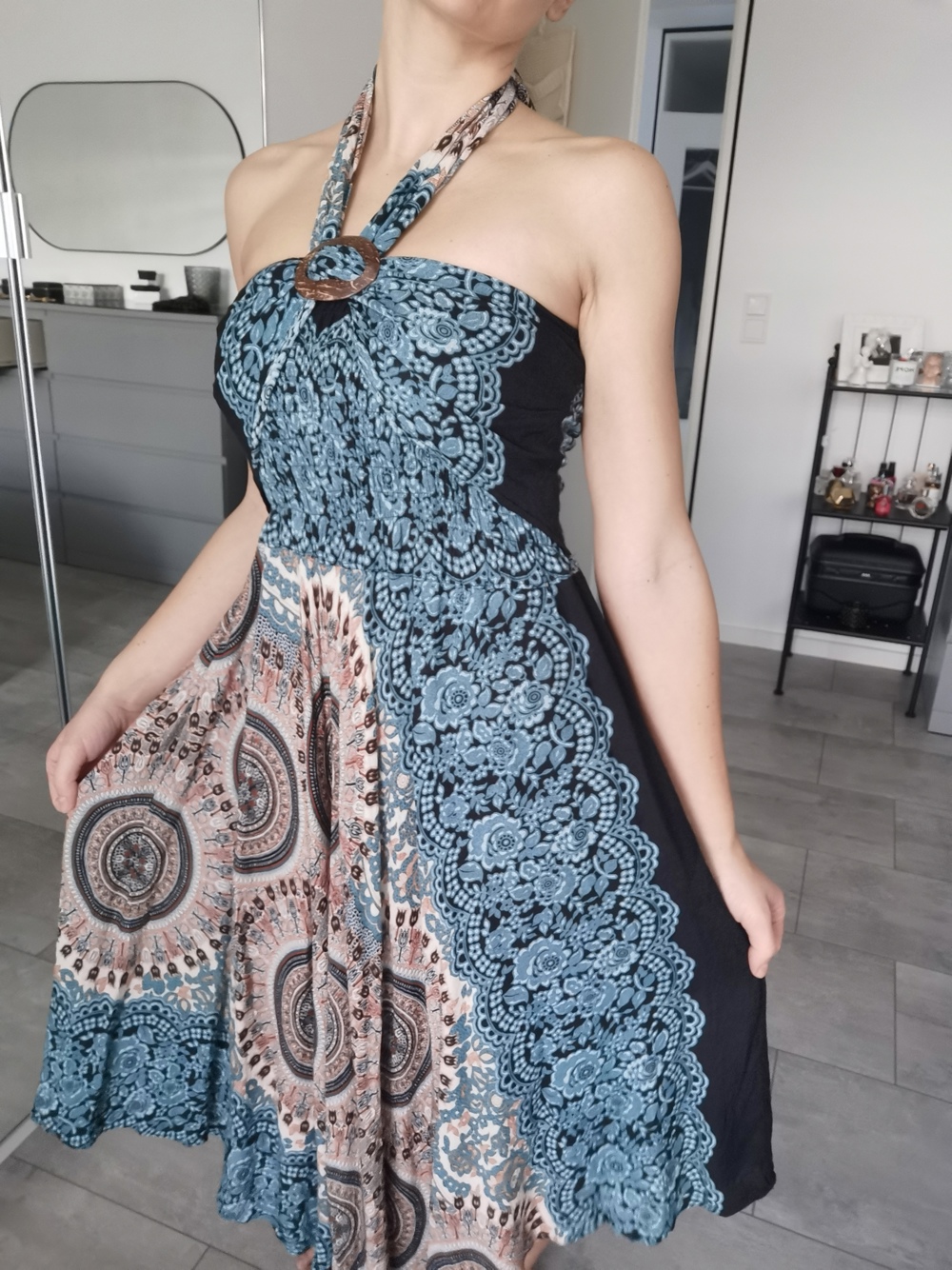 Batik Kleid Rock Schwarz Blau Bunt XS S 34 36 
