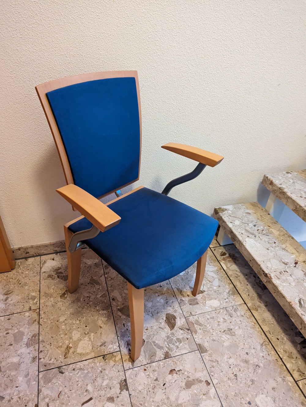 Schöner Armlehnenstuhl Stuhl mit Armlehnen aus Holz Metall Stoff (velourähnlich) 