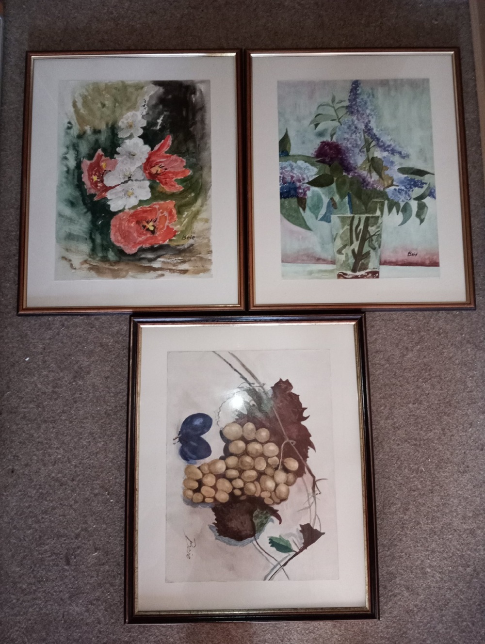 3 Aquarelle von Beie handsigniert Blumen Blätter und Obst mit Galerierahmen