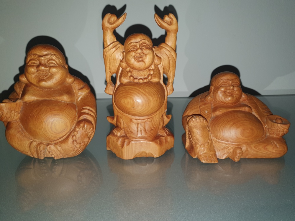 3 lachende Bhudda Figuren Statuen massiv Holz Bhudda Echtholz Holzfiguren geschnitzt TOP!
