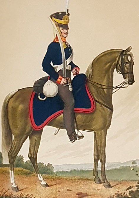 Kupferstich Pferd Reiten Soldat Uniform antik Grafik Bild Edeldruck 19. Jh. Reiter Unifor