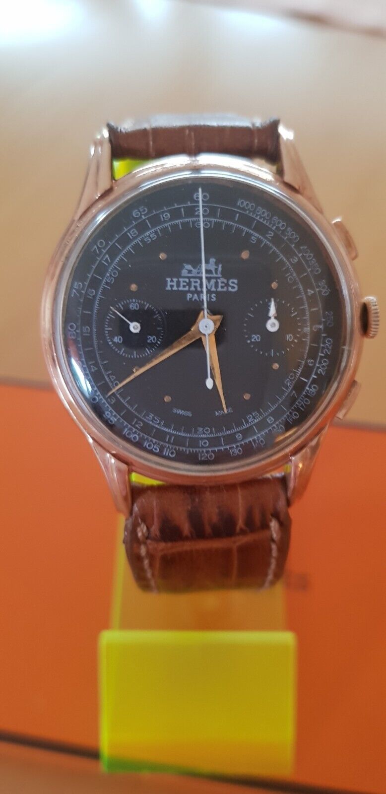  Vintage Hermes Herren Chronograph 37,50mm o.Krone , Zifferblatt in schwarz top !