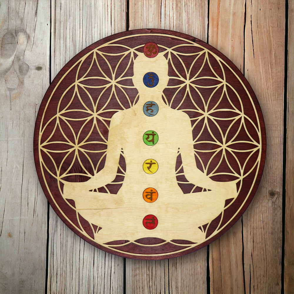 Blume des Lebens mit 7 Chakras | Meditation | Holzschild zum Aufhängen