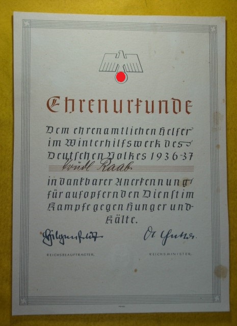 Ehrenurkunde 1936 - 37