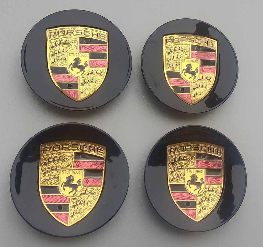 Porsche Nabendeckel Felgendeckel Nabenkappen Schwarz glänzend Wappen farbig