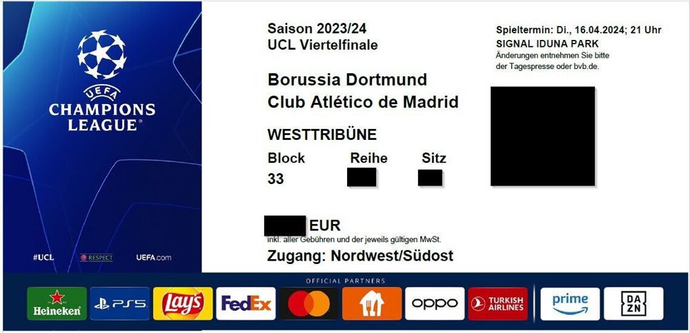 Tickets CL BVB - Atlético Madrid am 16.04.24 Top Sitzplätze Block 33 