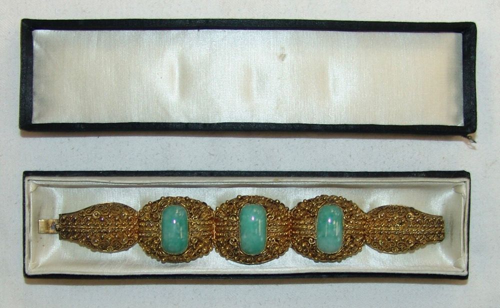  Altes Armband China Filigran - Silber vergoldet Jade - Steine im originalen Etui