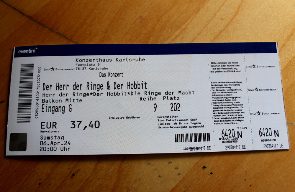 2 Tickets "Herr der Ringe" Orchester Filmmusik Karlsruhe 06.04.204
