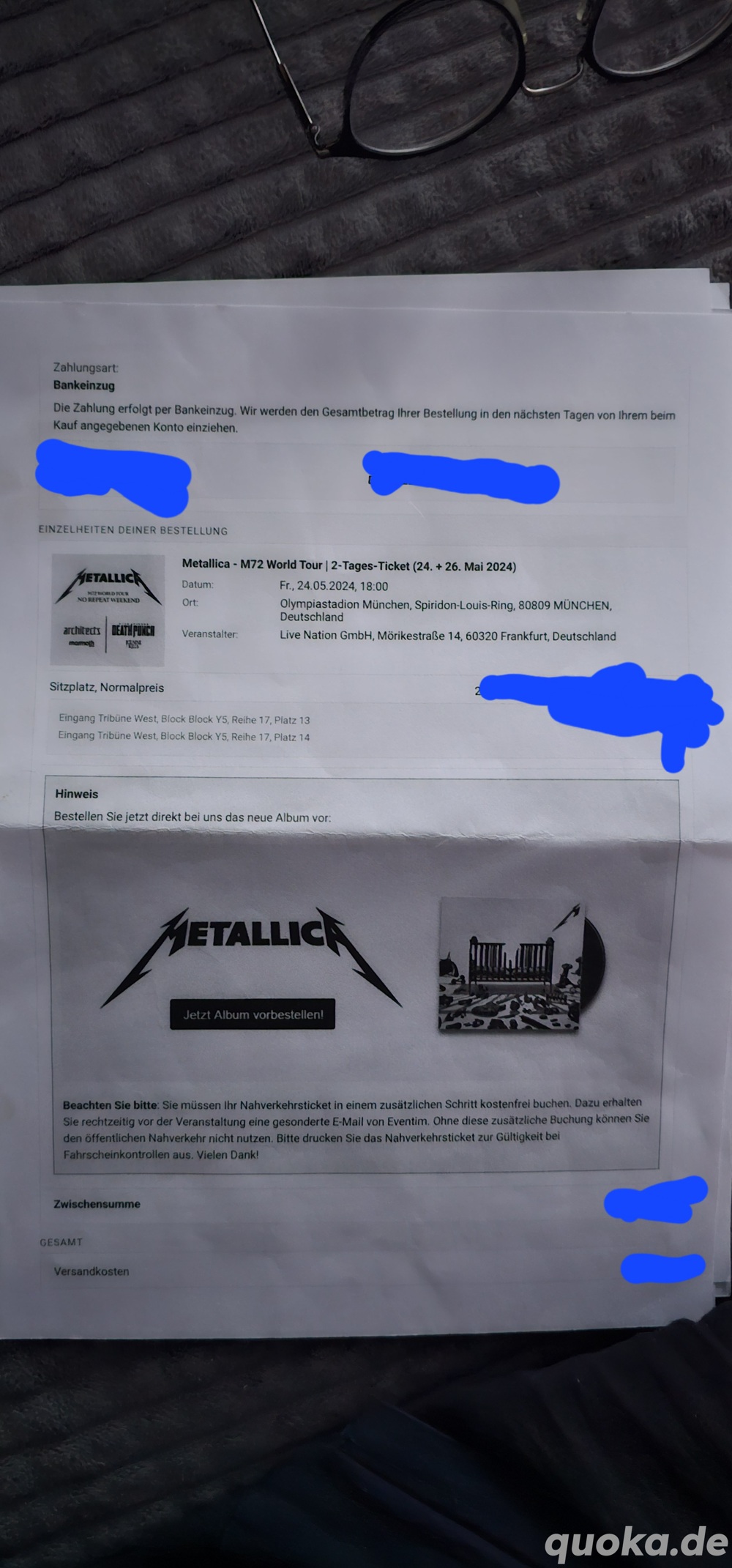 2x Tickets für Metallica in München.  Die Tickets sind für beide Konzerte!!! 24. + 26. Mai 2024.