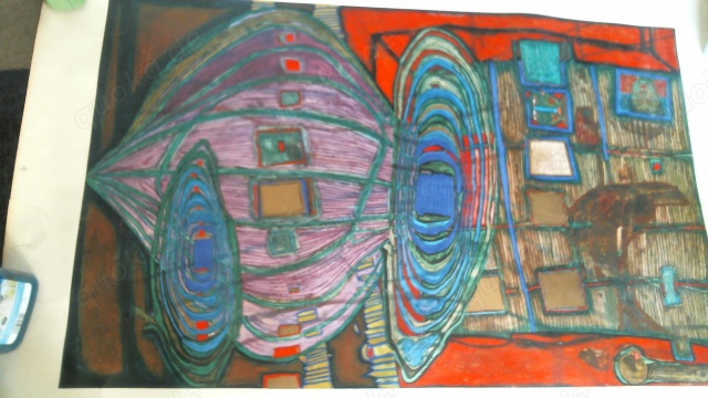 Friedenreich Hundertwasser Kunstdruck, Motiv Erinnerungen an das Bild 1960, Bild selbst ok,Ränder ab