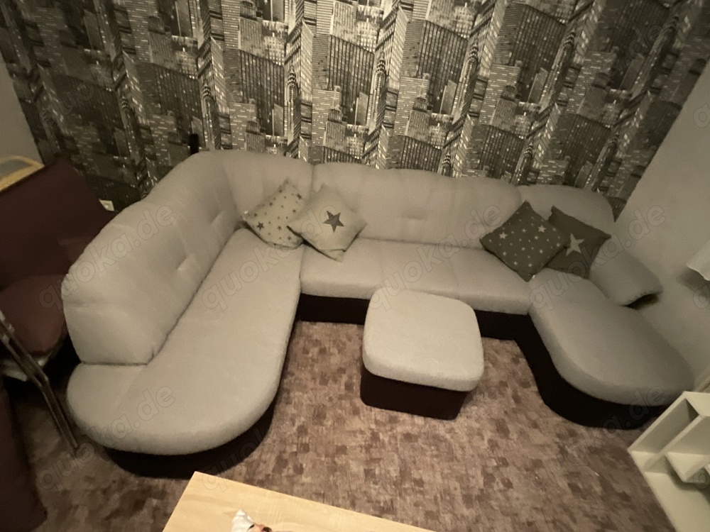 Sofa, Wohnlandschaft, Couch, Schlafsofa, grau, schwarz + Hocker