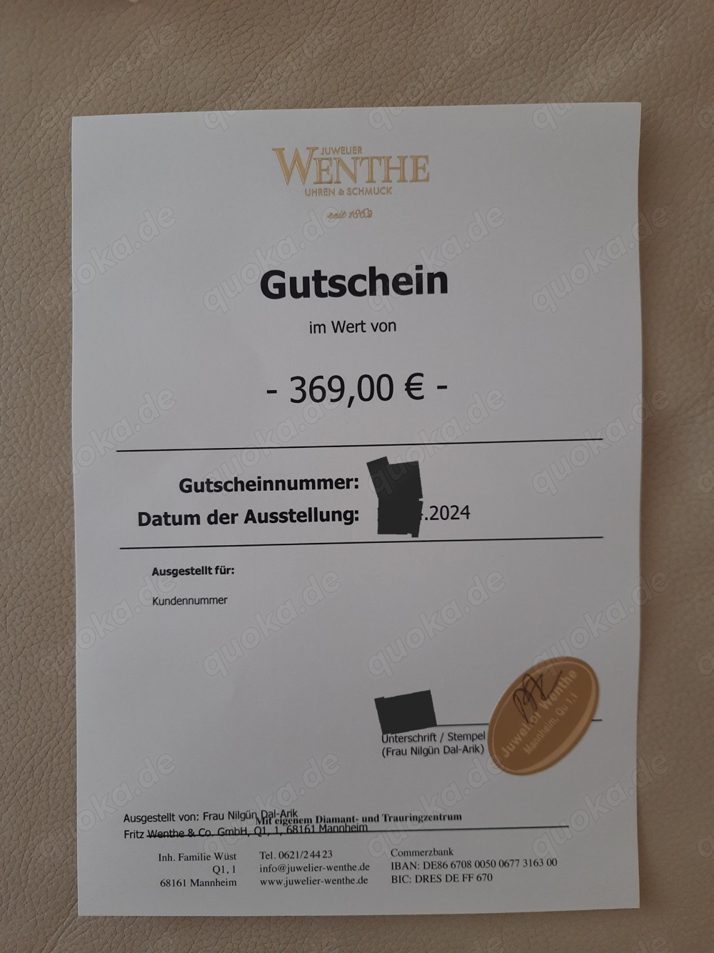Juwelier Wenthe Gutschein 369 Euro