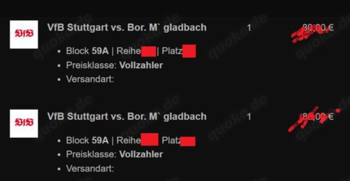 2 Tickets nebeneinander VfB Stuttgart Vs. Gladbach