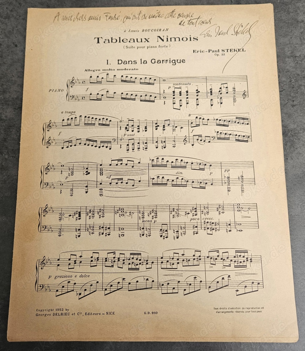 NOTENHEFT  "Tableaux Nimois" (1952) mit handschriftlicher Signatur ERIC PAUL STEKEL (1898-1978)