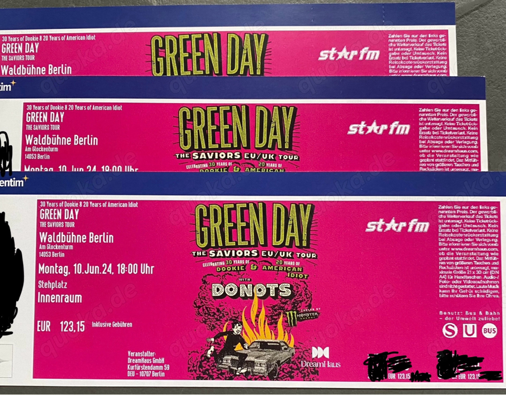 3 Tickets für Green Day Berlin Waldbühne 10.06.2024