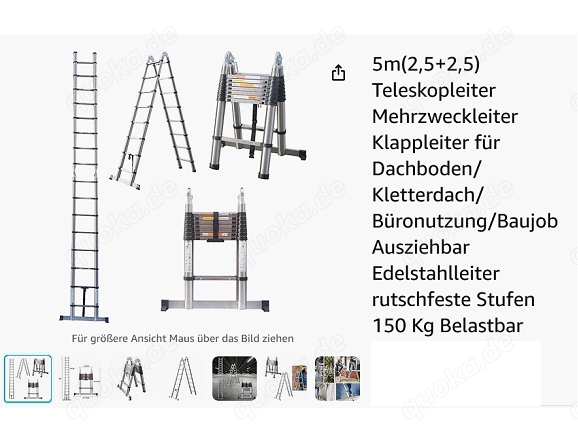 Teleskopleiter - klappbar, Edelstahl, 5m (2x 2,5m); unbenutzt - zu verkaufen an Selbstabholer Teleskopleiter - klappbar, Edelstahl, 5m (2x 2,5m); unbenutzt - zu verkaufen an Selbstabholer