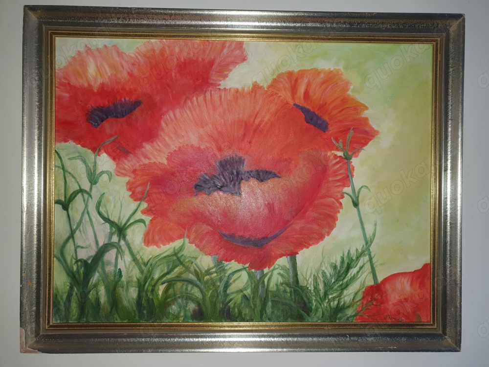 Original Ölgemälde Mohnblumen Blumen Stillleben Ölbild Gemälde signiert 70 x 90 cm mit Rahmen TOP!