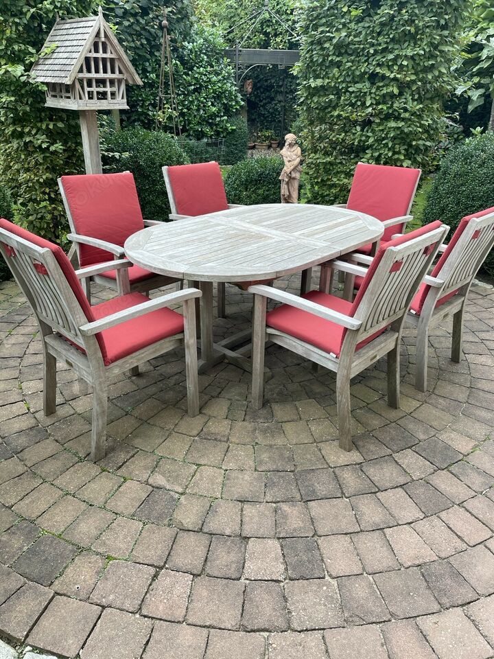 Garpa Eaton 6 Stühle mit Lehne und Sitzkissen rot + Tisch Norfol Garpa Eaton 6 Stühle mit Lehne und Sitzkissen rot + Tisch Norfol