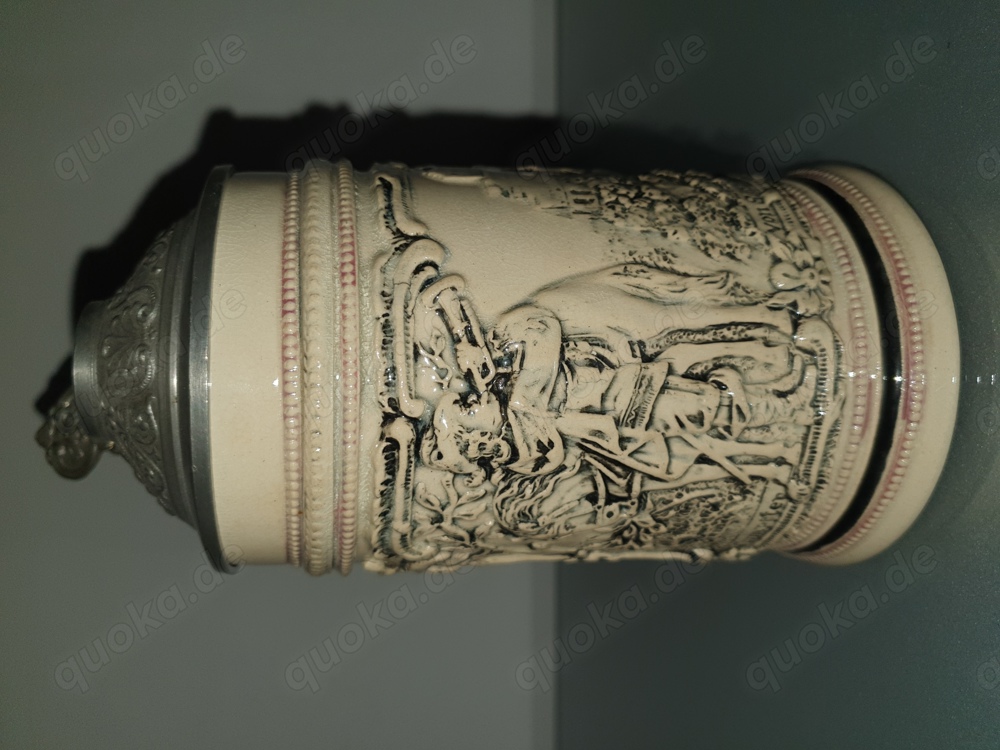 Antik! Rarität! Bierkrug Bierseidel Trompeter von Säckingen Steingut Zinndeckel ca. 100 Jahre Selten