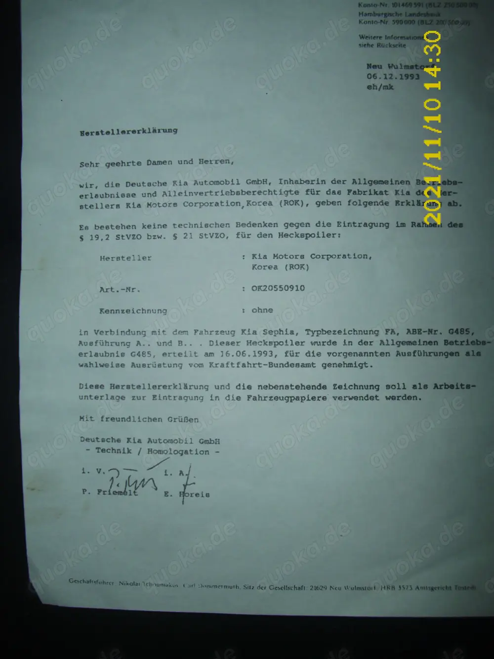 Youngtimer seltene Originale Kia Motors Herstellererklärung für Hecksploiler und Bedienungsanleitung