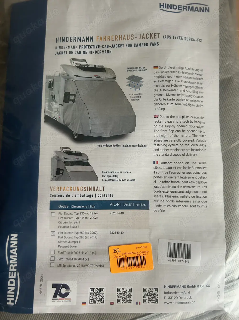Schutzhülle für Wohnmobil - Fahrerhaus-Jacket für Ducato