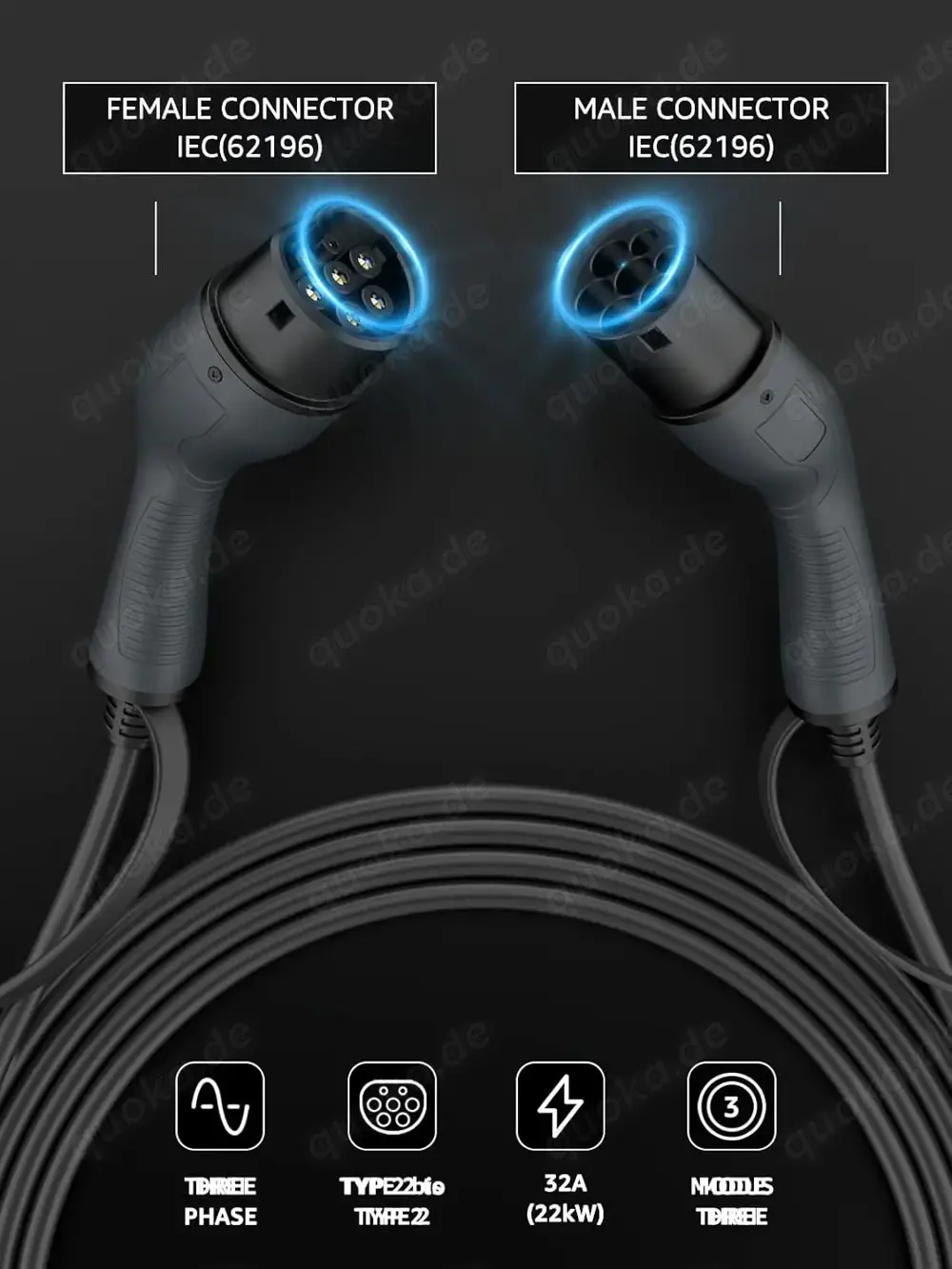 Type 2 auto lade kable, Mode 3   32A   22 kW   3 Phase   5 Metres