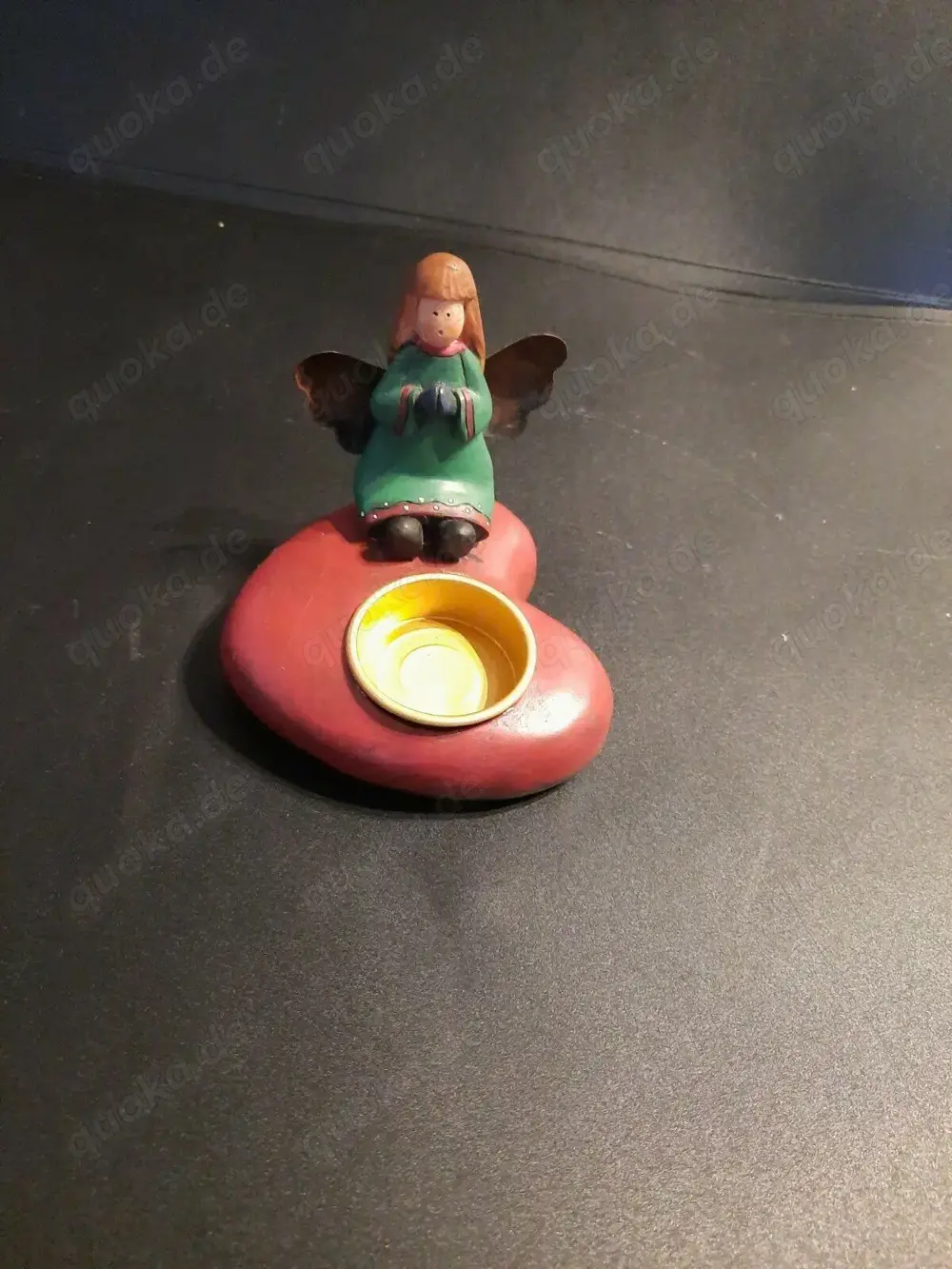 Teelichthalter als Herz mit Engel 10cm breit 