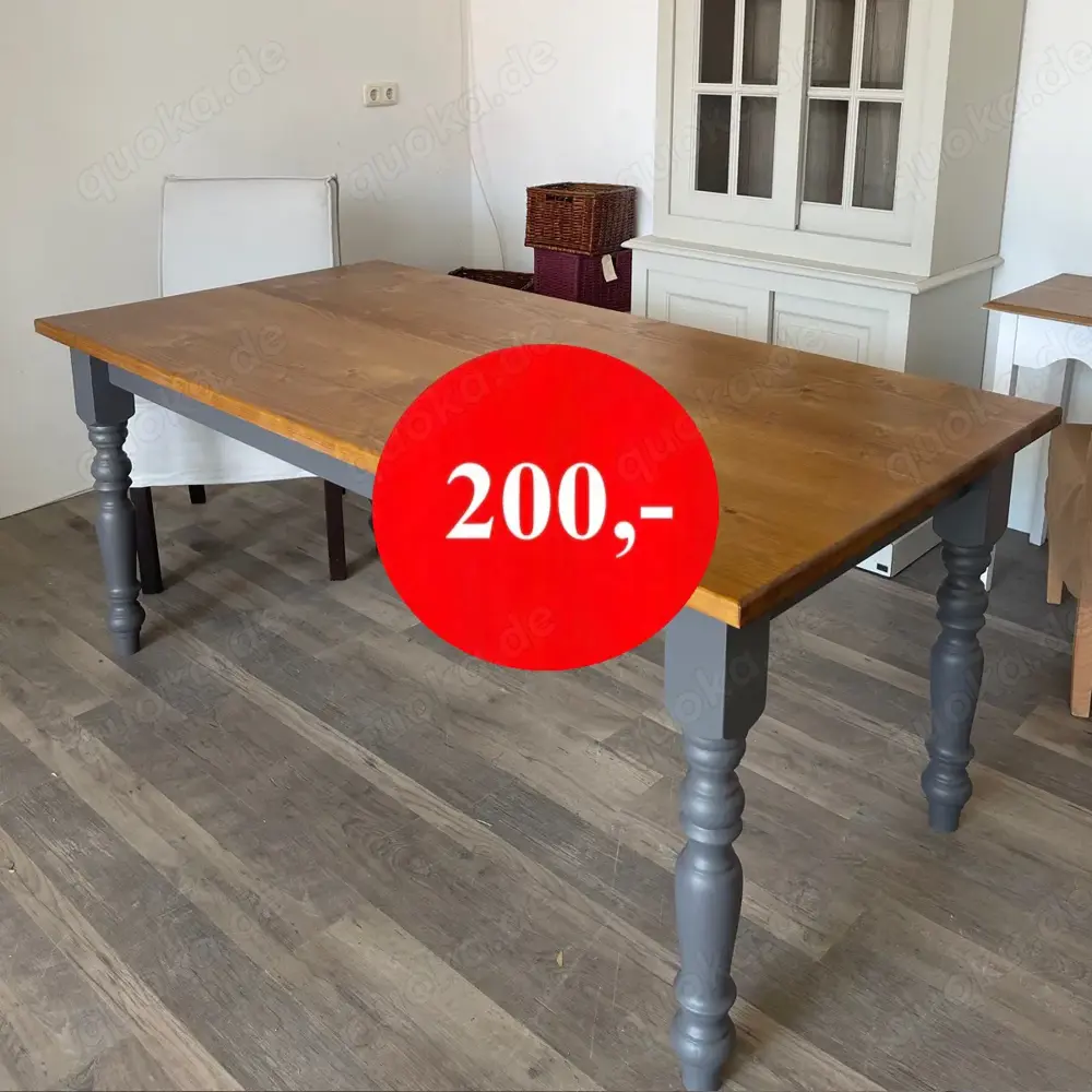 Grauer Fichtentisch Esstisch Küchentisch Landhaustisch B180 in Starnberg Platte Honigfarben 180x90cm
