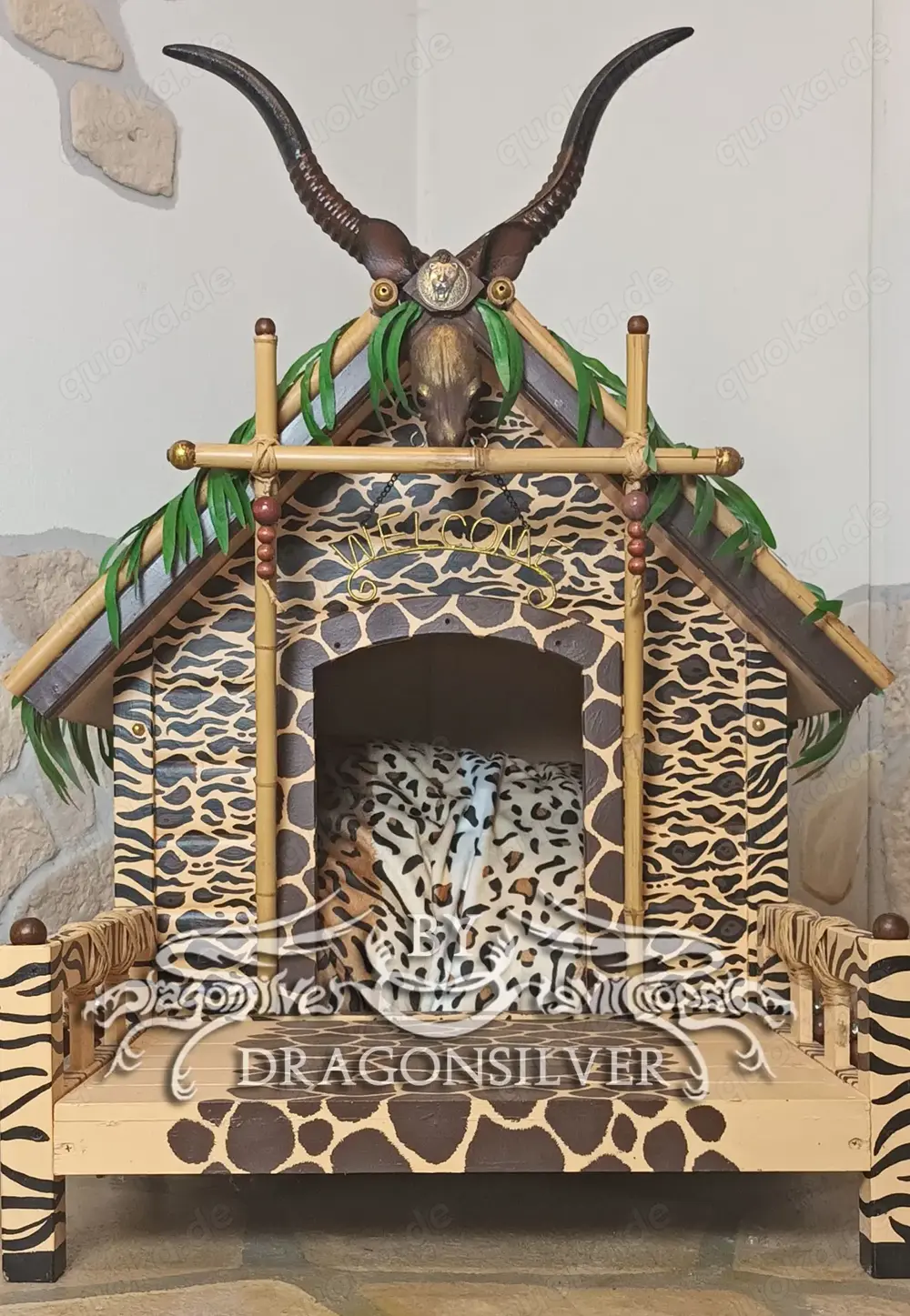 Hundehütte Katzenhütte Holz Unikat Urwald Dschungel Haustierhöhle - Mixed Media Safari Unikat