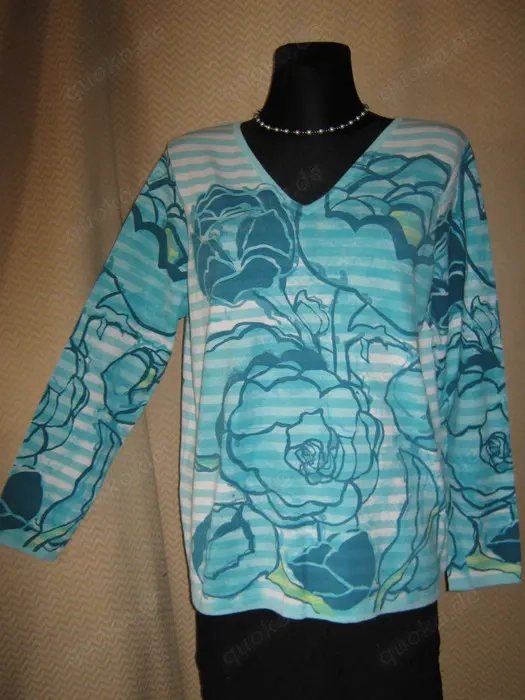 NEU m. Etikett Rosen Blüten Flower DESIGNER Feinstrick V-Ausschnitt Pullover Gr. 44-46 L aqua türkis