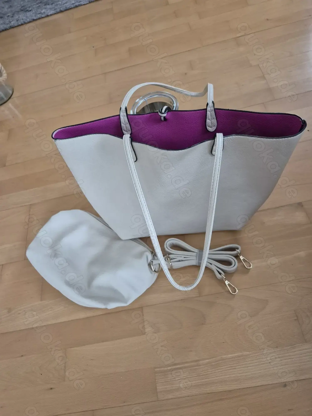 Handtasche Shopper hellbeige-weiß, innen pink