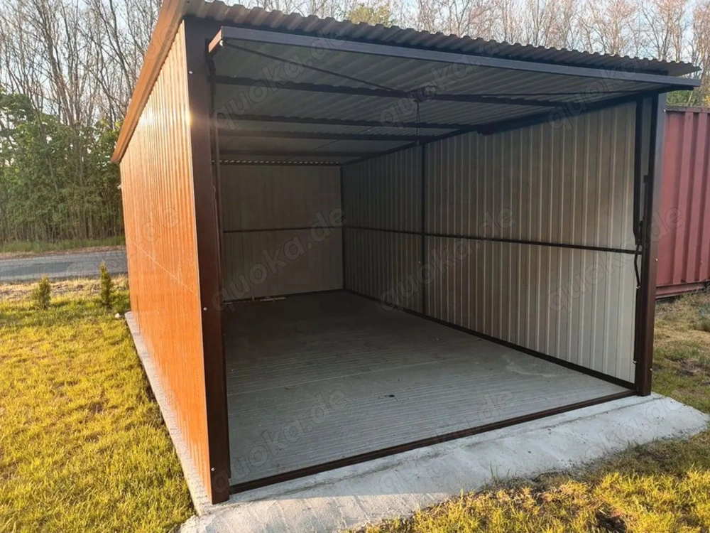 Blechgarage Fertiggarage Metallgarage GERÄTESCHUPPEN Metalbox Schwingtor Doppelflugeltor Holzoptik