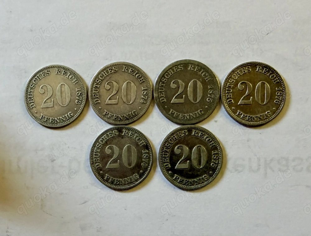 6x 20 Pfennig Silber 1873, 1874, 1875, 1876 Deutsches Kaiserreich