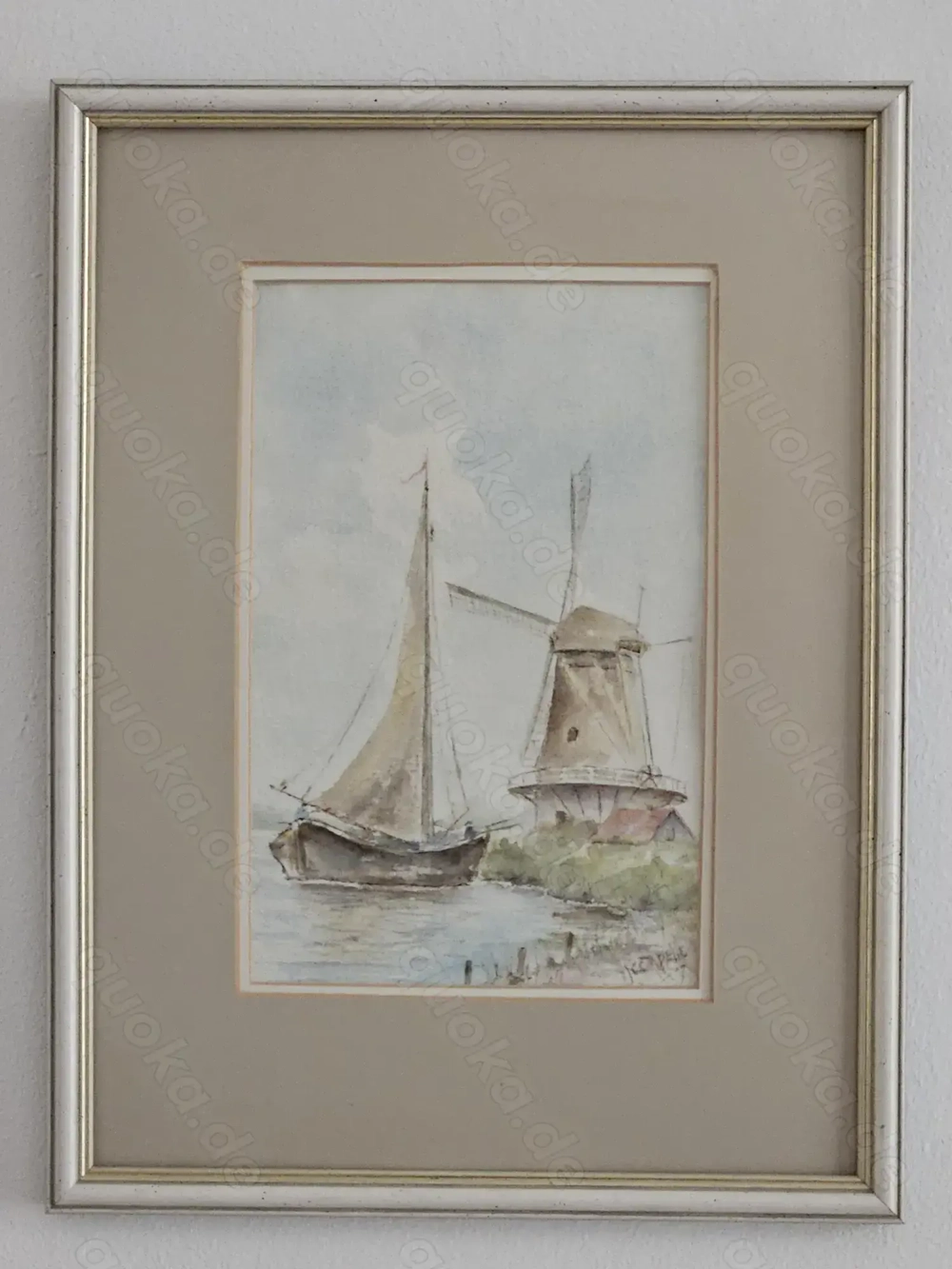 Original Aquarell Segelboot Windmühle, signiert, handgemalt Segelschiff mit Rahmen TOP!