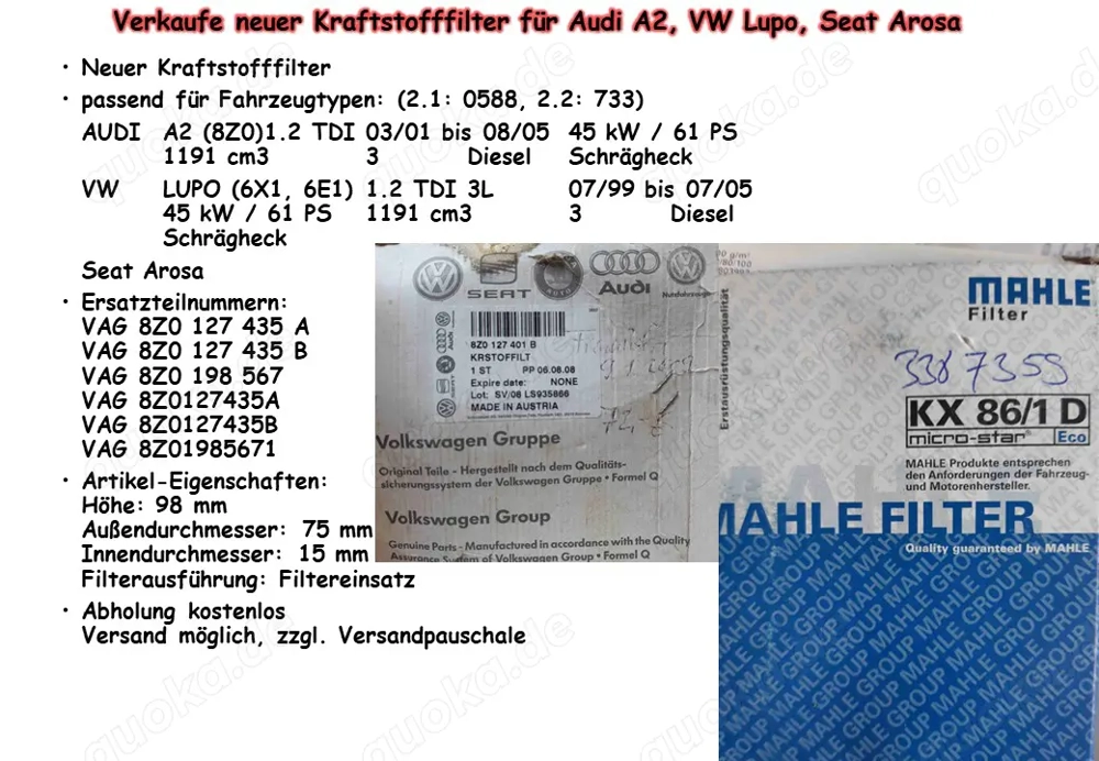 Verkaufe neuer Kraftstofffilter für Audi A2, VW Lupo, Seat Arosa