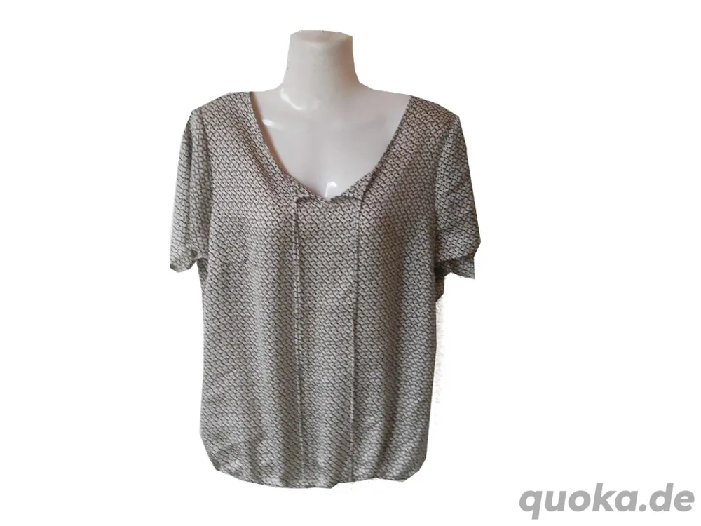 Bluse elegant chic glänzend beige schwarz kurzärmelig Gr. 42