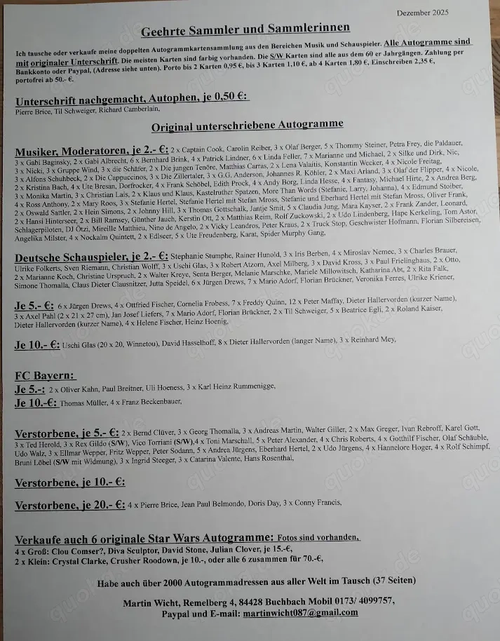 Verkaufe originale Autogramme