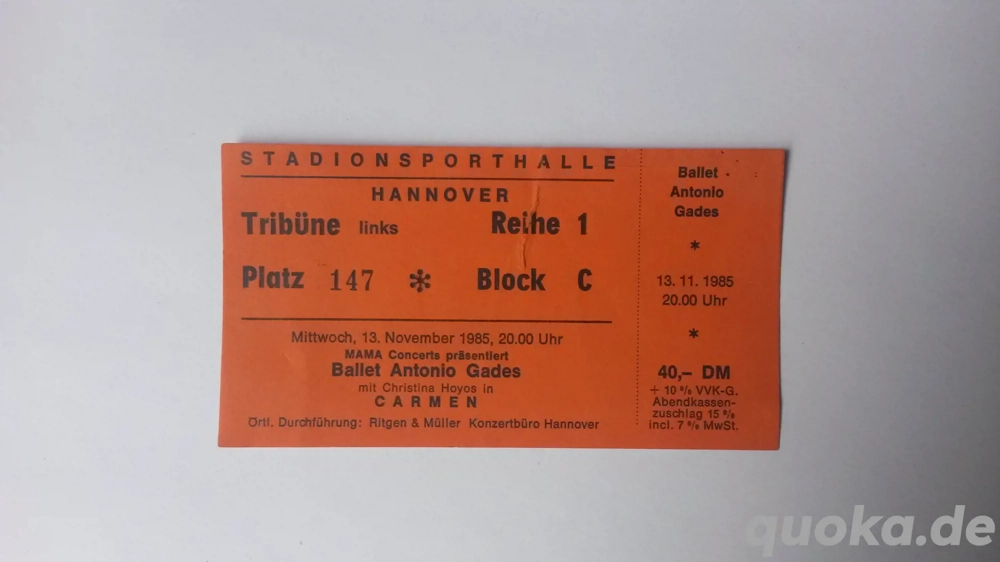 Ballet Antonio Gades - Carmen - 1985 - Hannover - Konzertkarte - Ticket