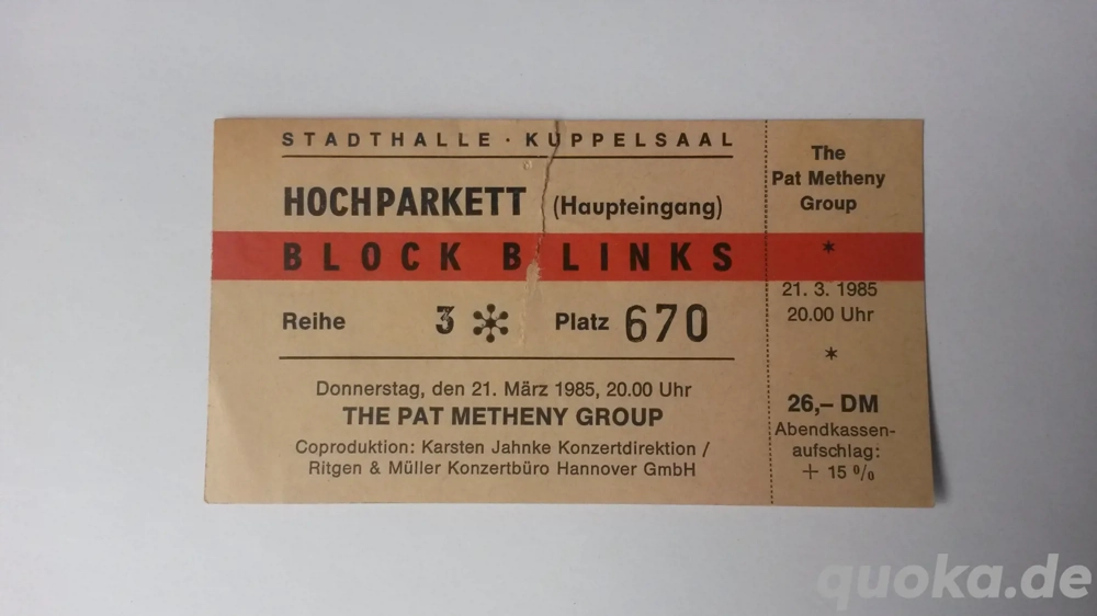 The Pat Metheny Group - Kuppelsaal Hannover 1985 - Ticket