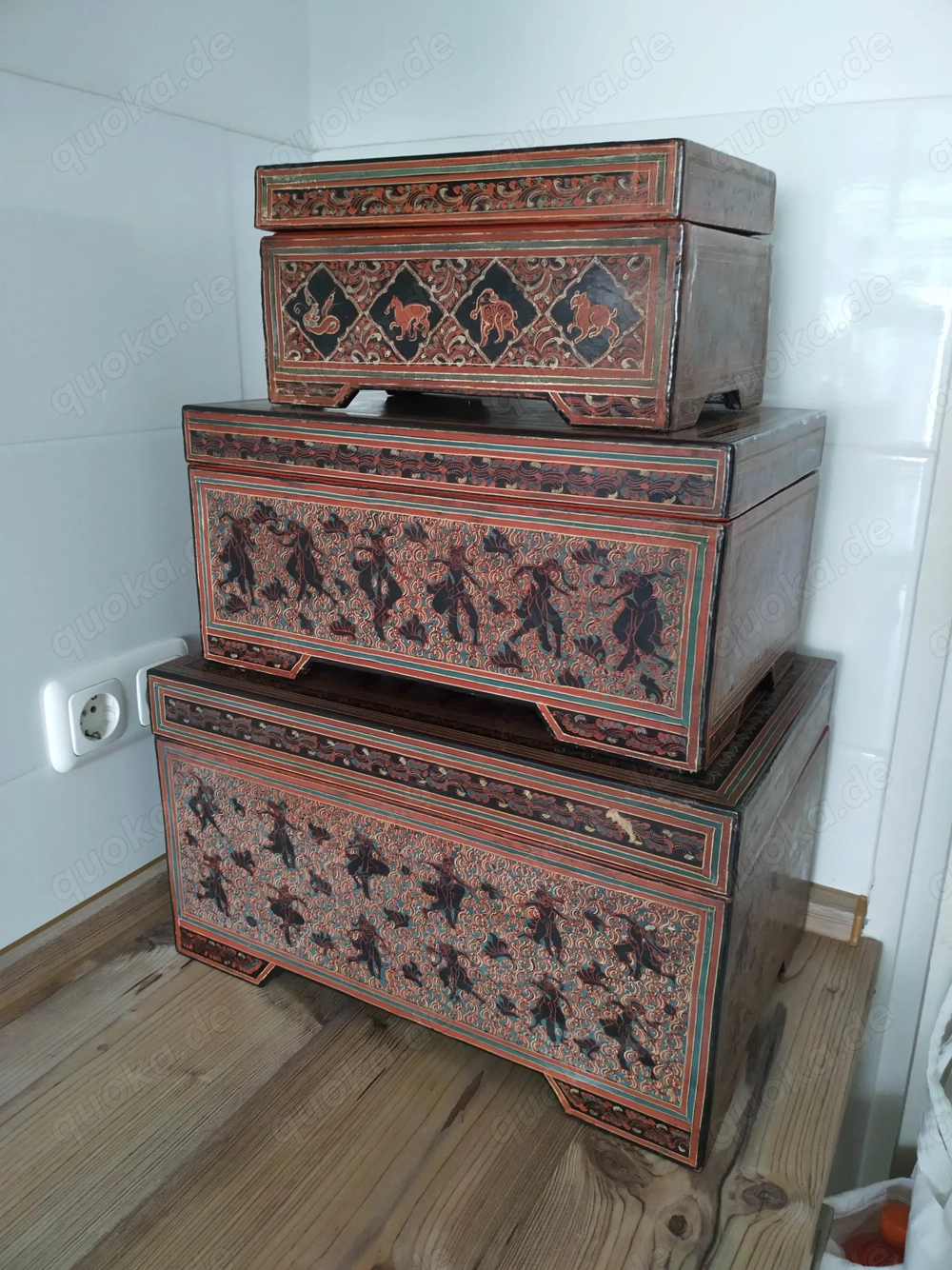 3 burmesische Lackbox Holzkiste Holztruhe Kiste Burma Betelkasten