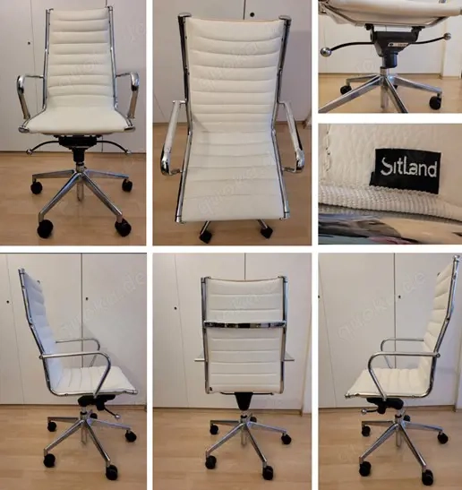 2x Designer Büro-Drehstühle   Chefsessel mit hoher Lehne von Sitland aus weißem Leder, Chrom-Gestell