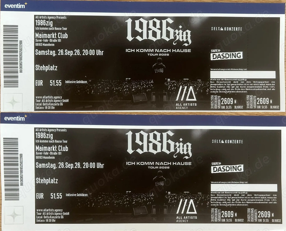 Zwei Tickets für 1986zig Konzert in Mannheim