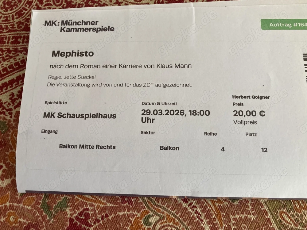 2 Theaterkarten, Münchner Kammerspiele "Mephisto" am 29.3., 18 h